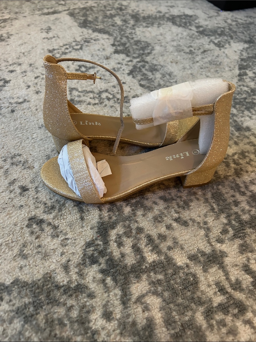 Link Shimmery Gold Ankle-Strap Low Block Heel Sandals
